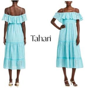 New T TAHARI Eyelet Midi Dress in Blue Haze Sz S NWT